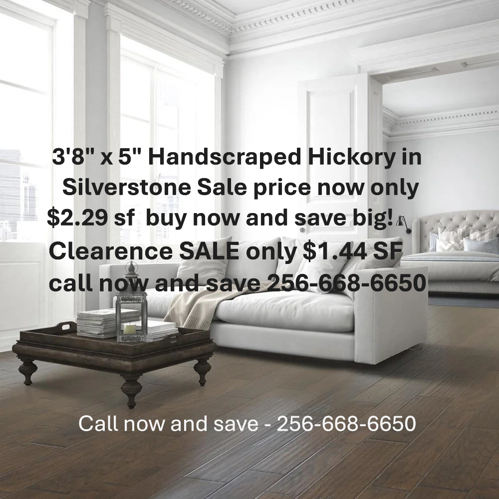 Specil clearence sale price of $1.44 sf on this extra nice Silverstone color hickory engineered hardwood flooring now only $1,44 sf