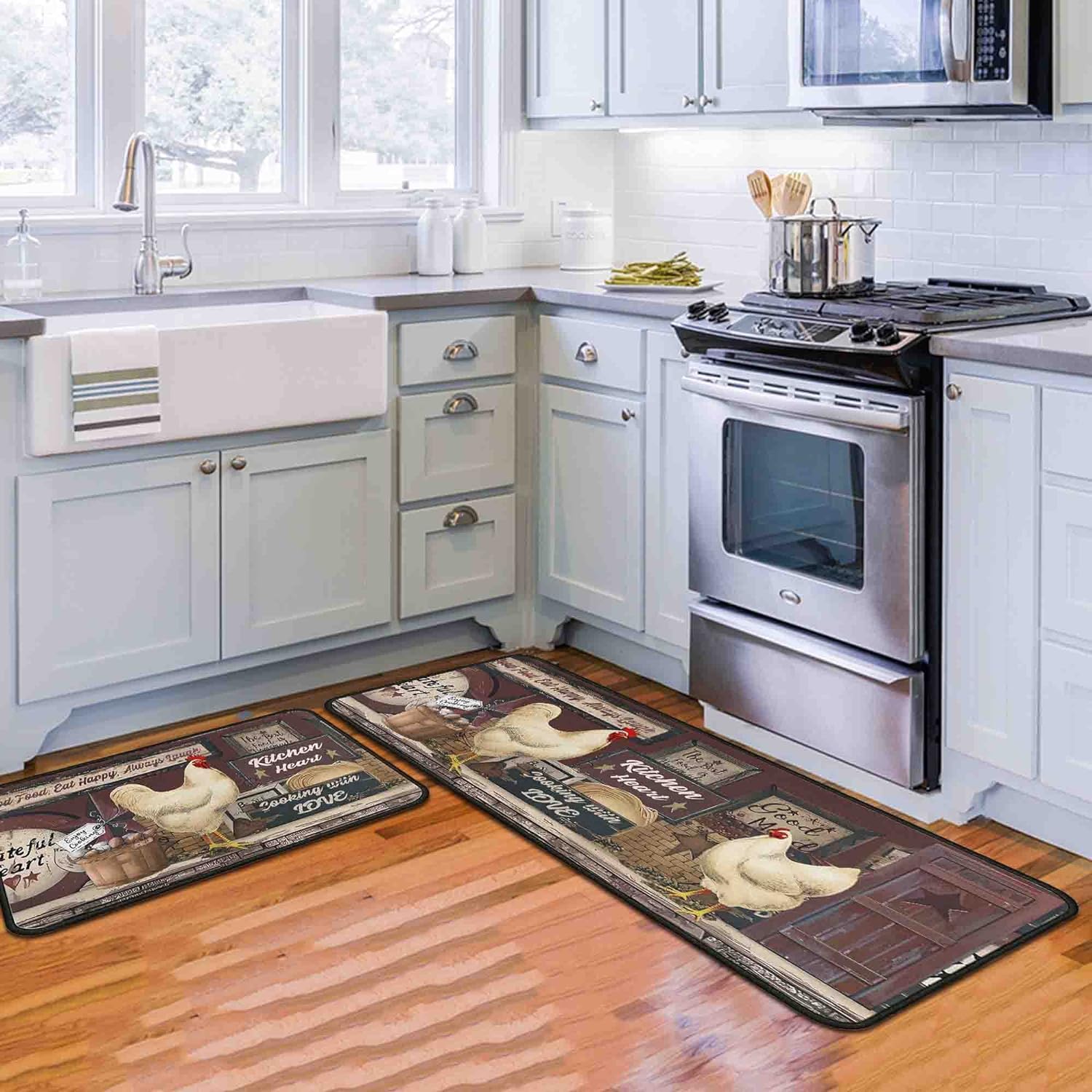flippana Kitchen Rugs Farmhouse Style for Floor, Rooster Kitchen Rug, Non-Slip Backing Kitchen Mat Set of 2 Washable Kitchen Rug Sets with Runner for Home Kitchen 17x47.2+17x30