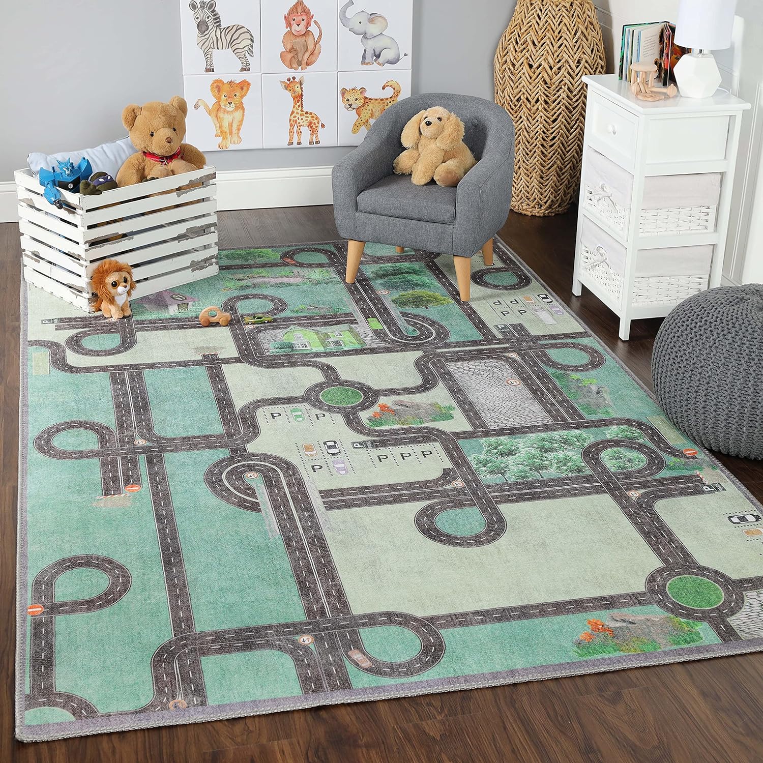 SUPERIOR Kids Indoor Area Rug, Country Road Floor Decor for Kids Bedroom Decorations, Colorful Throw, Play Room Accessories, Nursery Bedrooms, Cute, Soft, Washable Rugs, 4 x 6, Pine Green