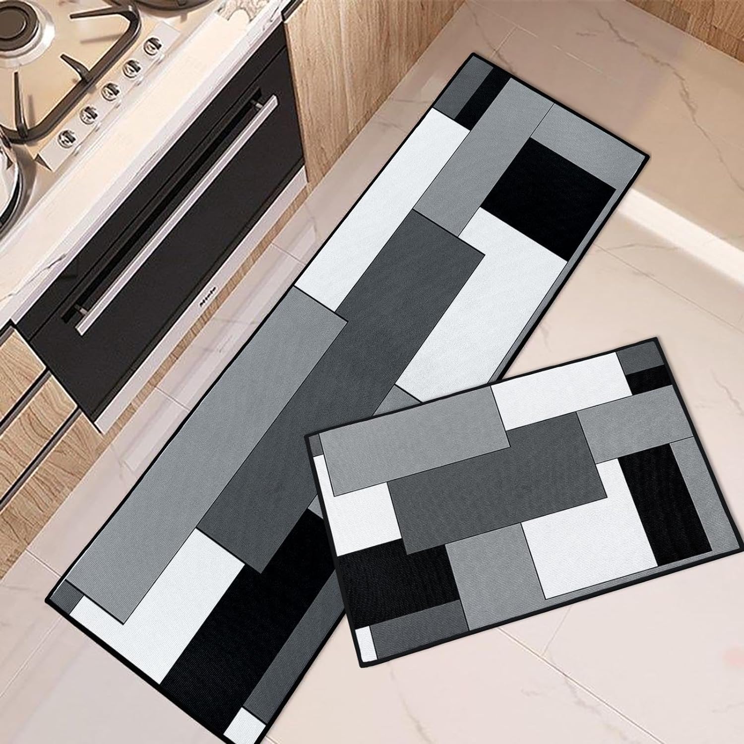 Tayney Kitchen Rugs and Mats Non Skid Washable Set of 2, Black Grey Geometric Kitchen Mats for Floor, Modern Abstract Minimalist Checkered Kitchen Runner Rug Home Decor