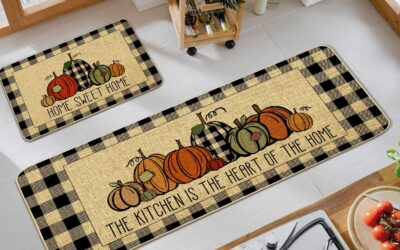 WUAHON Fall Kitchen Mat Pumpkin Kitchen Rugs Watercolor Plaid Thanksgiving Pumpkin Decorative Door Mats Review