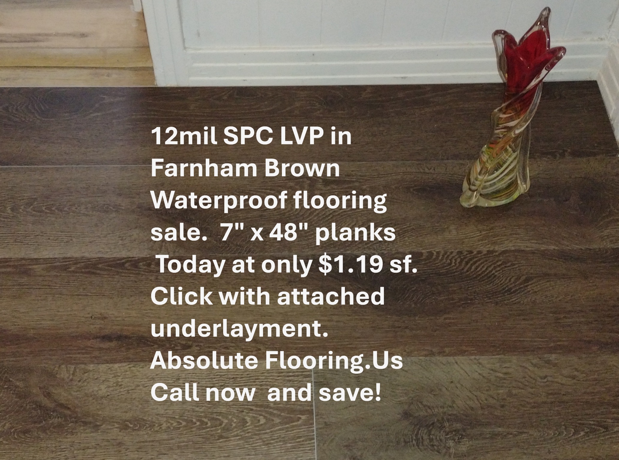12mil Waterproof SPC LVP click color Farnham Brown with pad sale 1.19 sf (1) (1) Waterproof LVP sale 7" x 48" Click w/ pad $1.19 sf